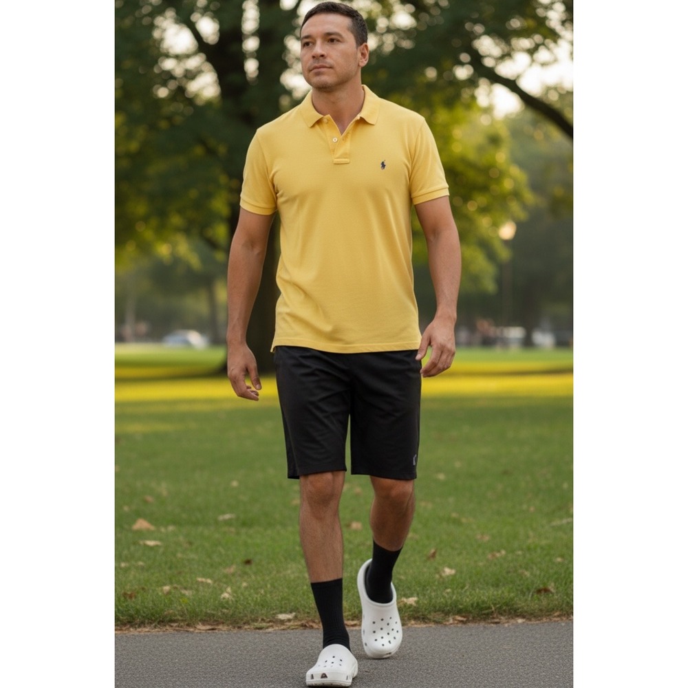 Polo Ralph Lauren Mens Large Yellow Short Sleeve Cotton Polo Shirt Blue PonyLogo
